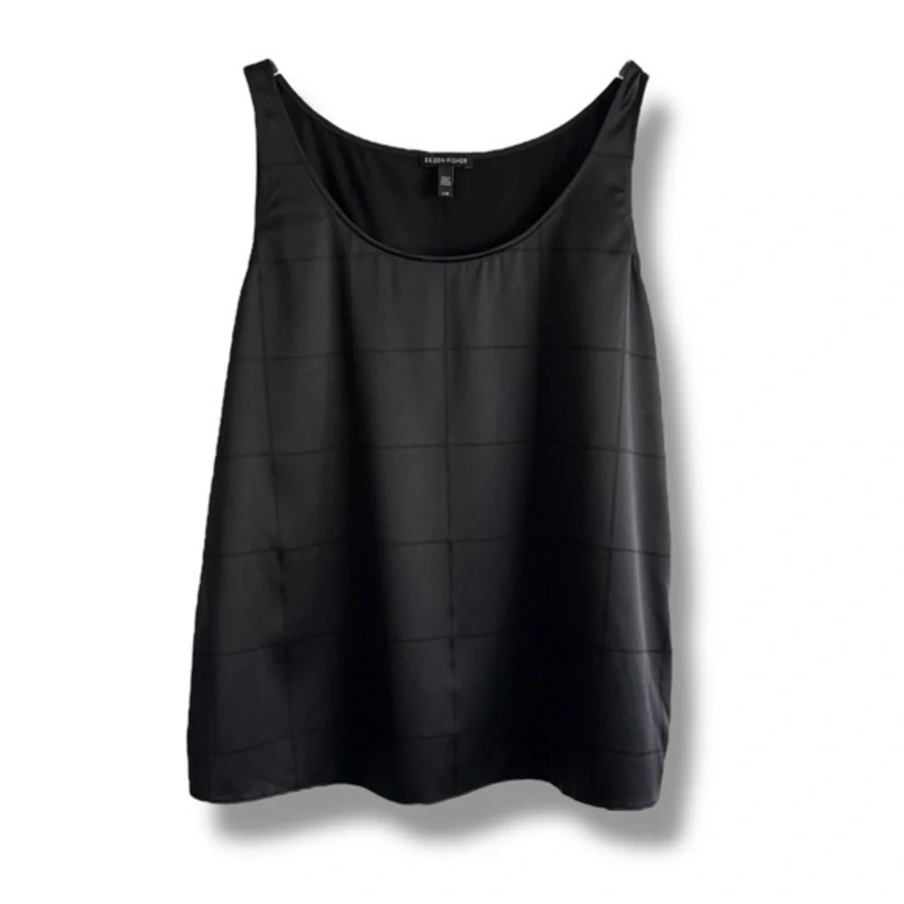 Eileen Fisher Windowpane Pattern Stretch Black Silk Business Shell Tank Top SZ L - Picture 2 of 5